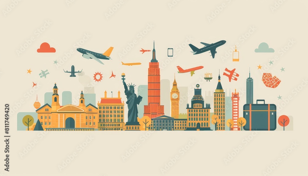 A modern banner showcasing a minimalist illustration of a suitcase, airplane, and iconic travel landmarks. A modern banner showcasing a minimalist illustration of a suitcase, airplane, and iconic travel landmarks.