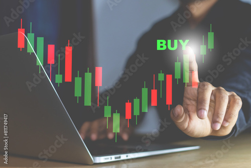 Stock market candlestick chart graph buy and sell concept, professional trader analysing company financial data Quarterly Results profit and loss and balance sheet