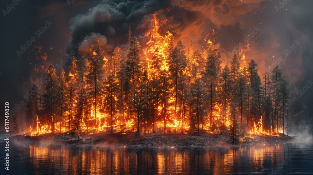 A forest fire is burning in the background of a lake