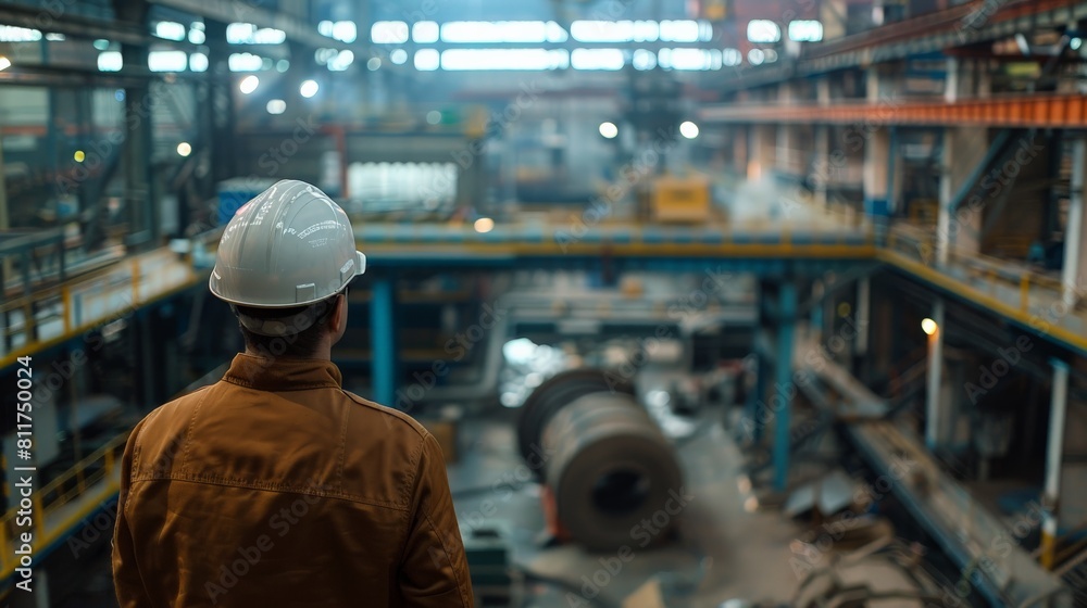 An industrial engineer wearing a hard hat looks out over a large factory floor. Steel production factory, steel forming, steel and aluminum export, and stainless steel.
