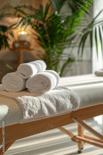 Comfortable massage table with clean towels in spa center