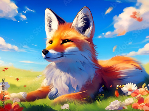 high quality  8K Ultra HD  masterpiece. A digital illustration of anime style  A red fox sitting in a a grassy field  surrounded by a vast expanse of greenery and flowers.