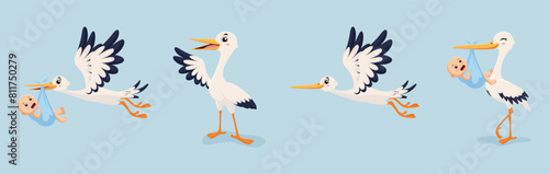 Set of  Cute cartoon stork carrying baby, banner