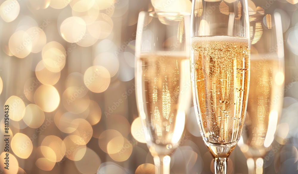 Sparkling champagne glasses with golden bubbles and bokeh background Sparkling champagne glasses with golden bubbles and bokeh background