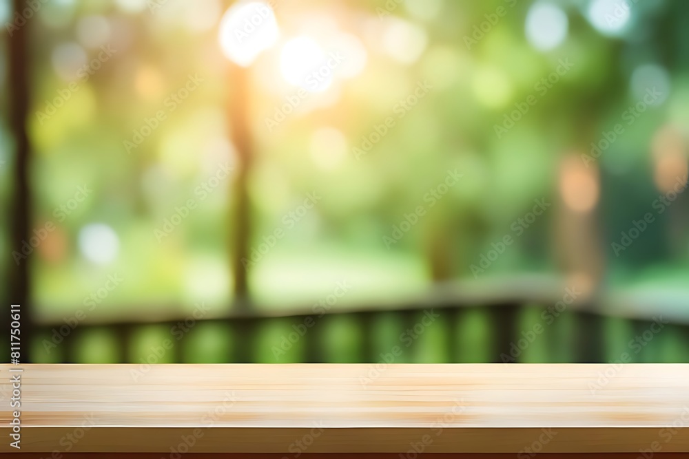 Empty wood table top, on blur abstract garden and house background from window, morning sunlight. concept for product display design Empty wood table top, on blur abstract garden and house background from window, morning sunlight. concept for product display design