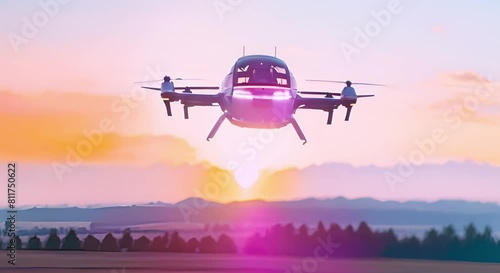 Electric taxi drone flying over rural area at sunset future transportation innovation. Concept Future Transportation, Electric Taxi Drone, Rural Area, Sunset, Innovation, photo
