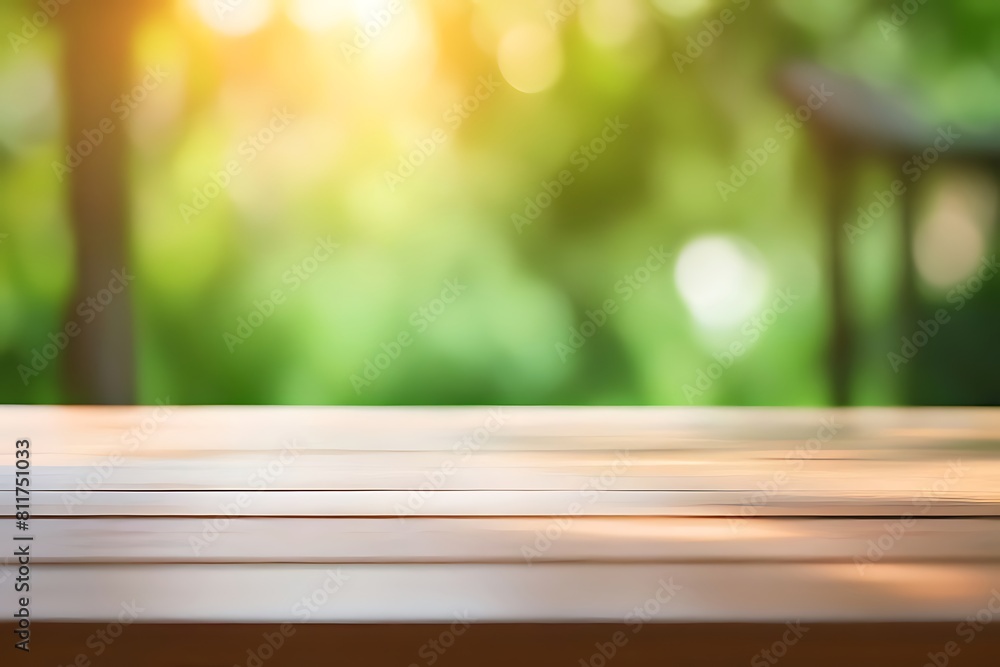 Empty wood table top, on blur abstract garden and house background from window, morning sunlight. concept for product display design Empty wood table top, on blur abstract garden and house background from window, morning sunlight. concept for product display design