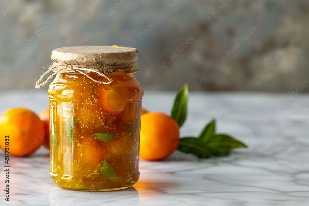 Delicious kumquat jam in jar on white marble table Delicious kumquat jam in jar on white marble table