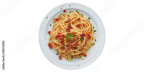 Stir-fried spaghetti with bacon, garlic and hotate are placed on a plate with a white background with a white background with a white background. Images are generated by AI