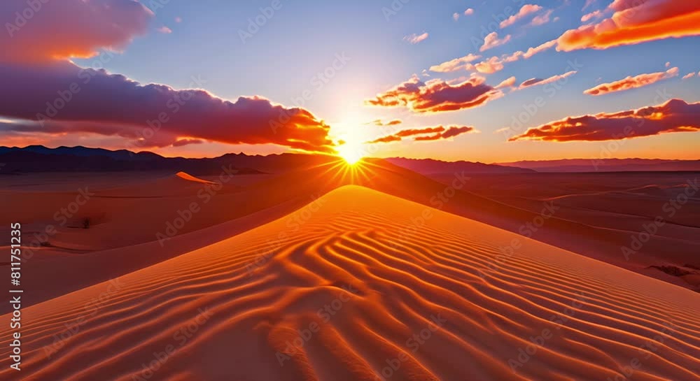 Shadows cast by golden sand dunes under vibrant sunset sky. Concept ...