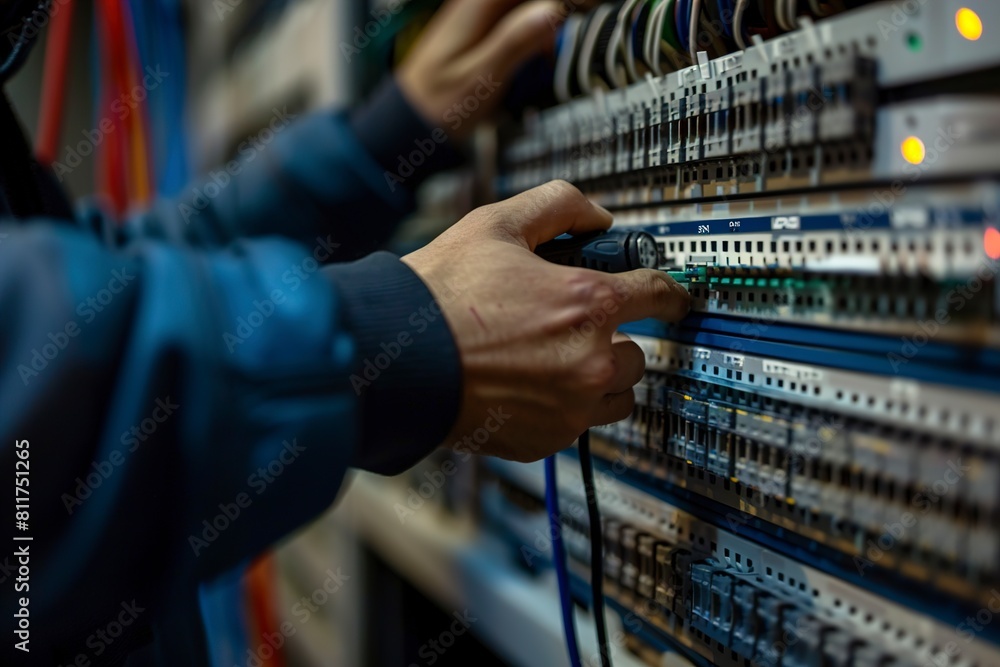Electrician with screwdriver fixing patch panel indoors
