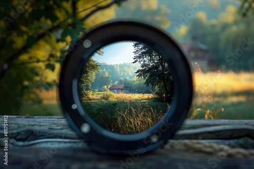 Beautiful rural morning landscape with a village house among the trees reflected in a photographic lens close up. Eco environment concept