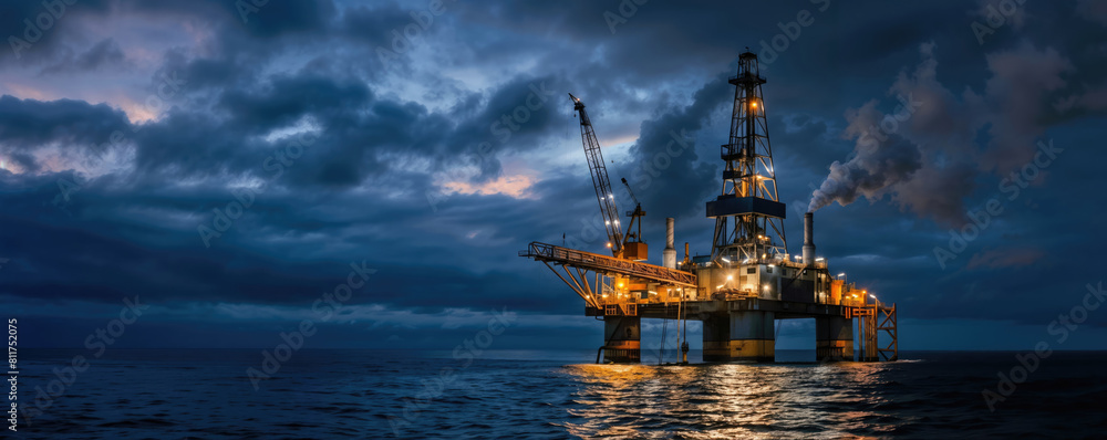 oil rig stands against the backdrop of a dark blue twilight sky oil rig stands against the backdrop of a dark blue twilight sky