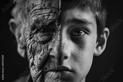 Explore the profound passage of time through the eyes of youth and age in this captivating black and white portrait.