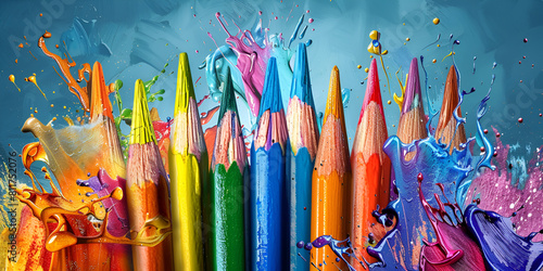 Closeups of colorful and creative art supplie,A colorful display of colored pencils against a blue background.

 photo