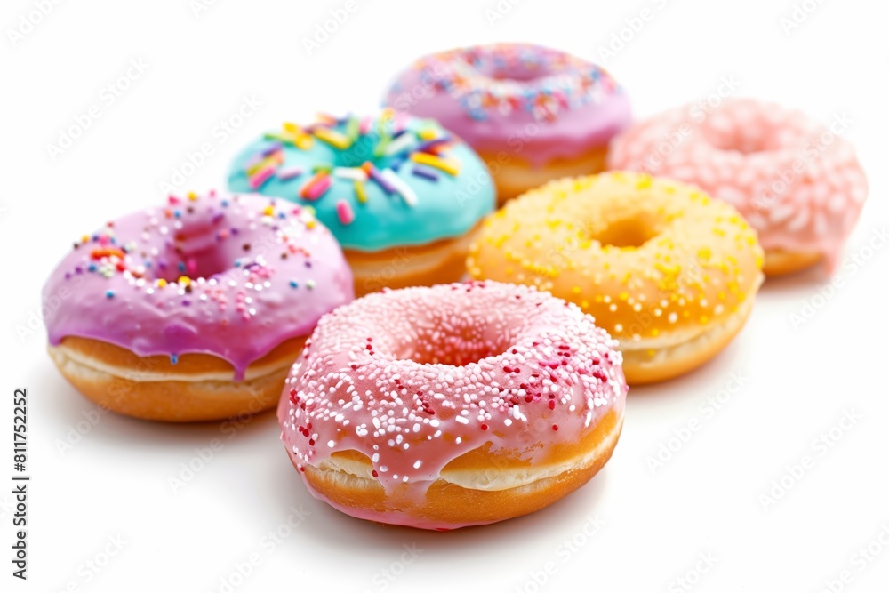 A row of colorful glazed donuts with sprinkles on top A row of colorful glazed donuts with sprinkles on top