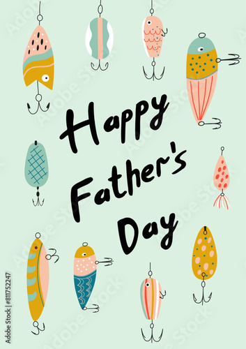 Happy Fathers Day card for fisherman. Cute vector greeting illustration for dad with fishing lures. Handwritten text, childish lettering design. Cartoon fishing equipment element for poster, banner.