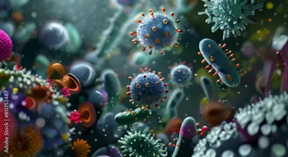 3D render of microscopic virus and bacteria cells. Concept Microscopic Biology, Visualization, 3D Modeling, Virtual Reality, Scientific Illustration 3D render of microscopic virus and bacteria cells. Concept Microscopic Biology, Visualization, 3D Modeling, Virtual Reality, Scientific Illustration