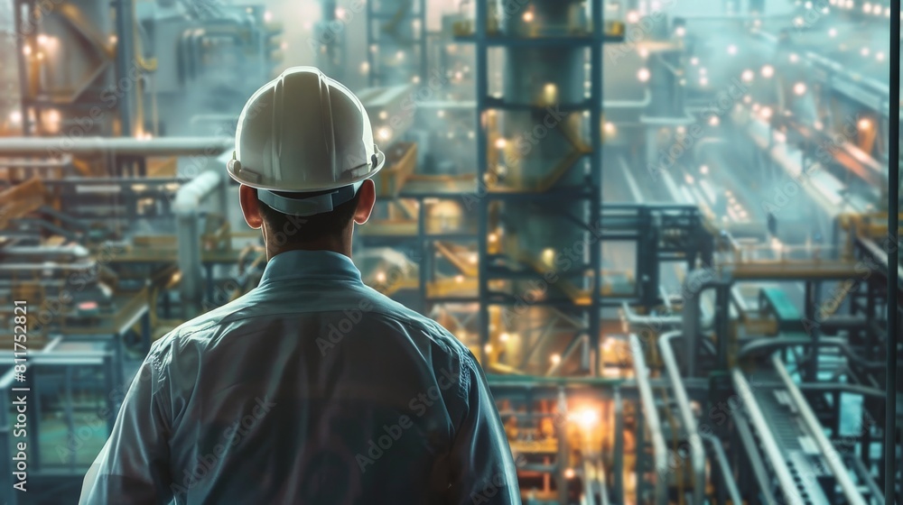 An engineer in a hard hat looking out over an oil refinery. gas production plant Gas transport, gas transportation or petroleum, petrochemical, crude oil, natural gas factories
