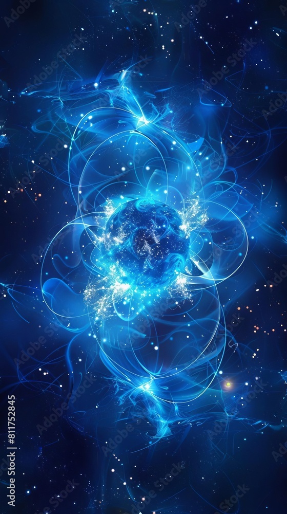 Blue abstract futuristic background Vector Satellites and rockets in orbit of planet Earth Plasma clot of energy Glowing rays with flickering particles Wave effect Science and tech