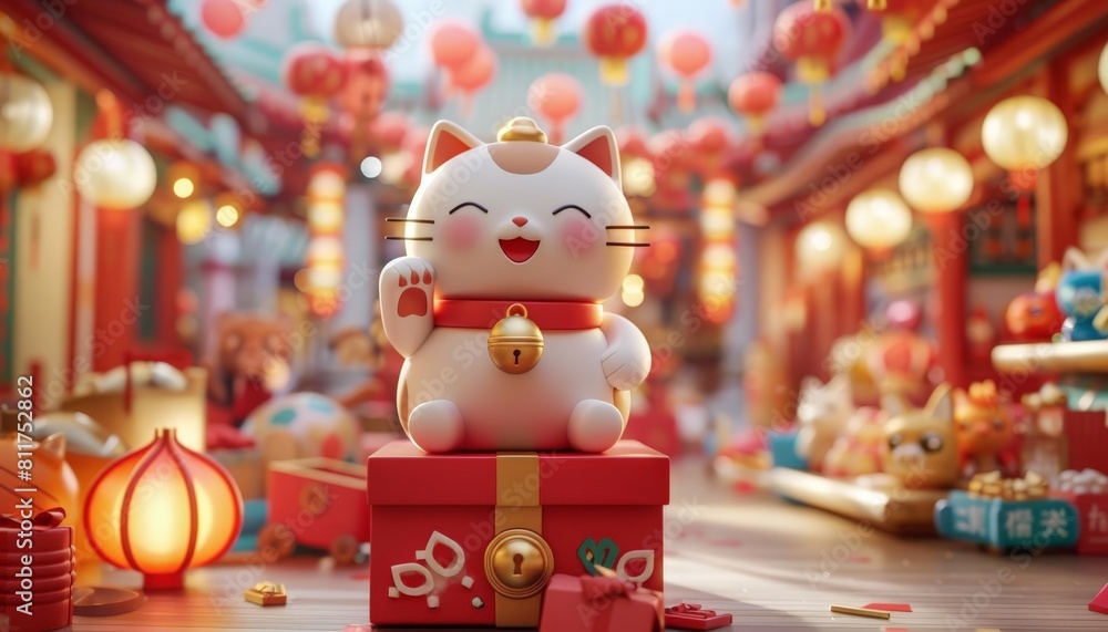 3d render a cute and chubby lucky cat with gold bell is sitting on a red gift box