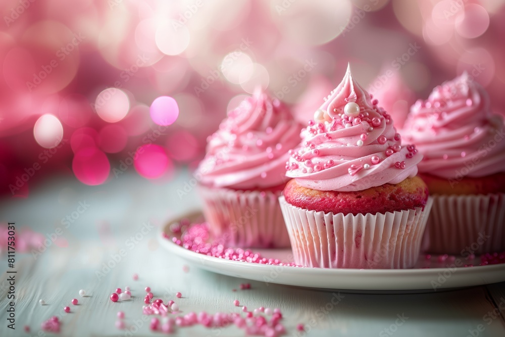 Three pink cupcakes with pink frosting Three pink cupcakes with pink frosting