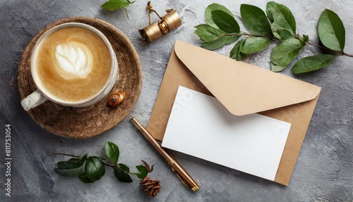 cup of coffee with note, blank postcard letter mockup with envelope