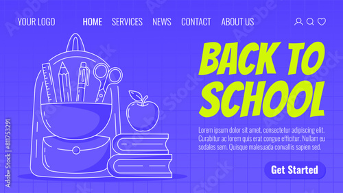 Backpack with school supplies, stack of books and apple. Back to school, education, learning concept. Vector template for web, banner, poster, landing page, website