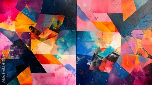 Vibrant and Dynamic Abstract Geometric Diptych with Complementary Color Palettes