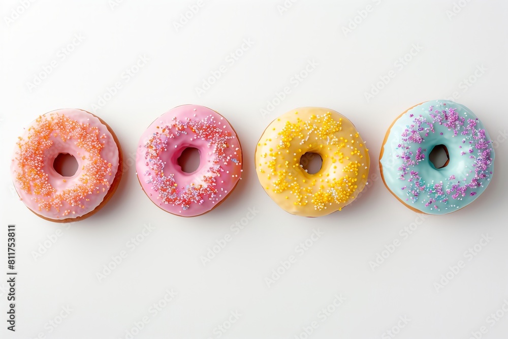 A row of colorful glazed donuts with sprinkles on top A row of colorful glazed donuts with sprinkles on top