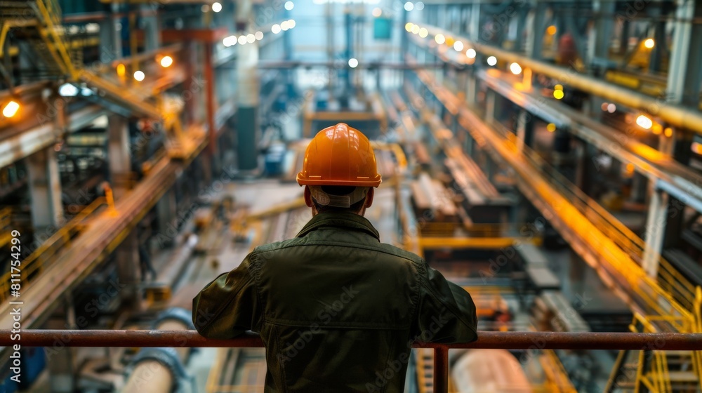 A worker in a hard hat looking out over a large industrial factory Steel production factory, steel forming, steel and aluminum export, and stainless steel.
