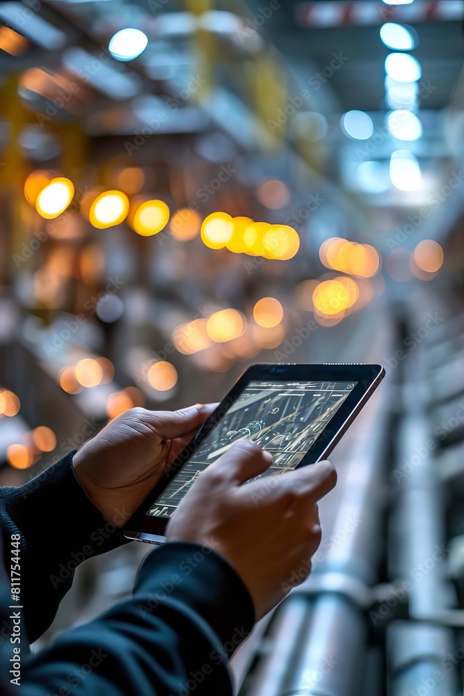 A man controls a robot from a tablet. Selective focus. A man controls a robot from a tablet. Selective focus.
