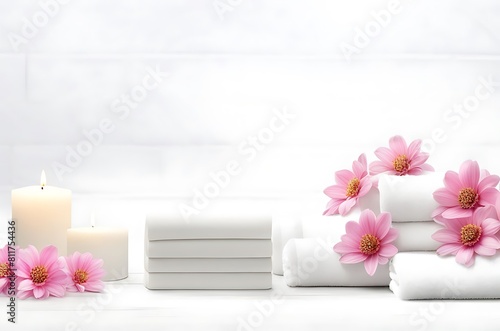  Spa background towel bathroom white luxury concept massage candle bath. Bathroom white wellness spa background towel relax aromatherapy flower accessory Zen therapy aroma beauty setting table salt oi