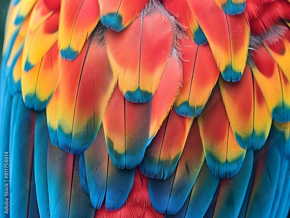 Fototapeta premium Vibrant Feathers of a Parrot Perched in Close up Captivating Texture and Pattern for Influencer Style Visuals