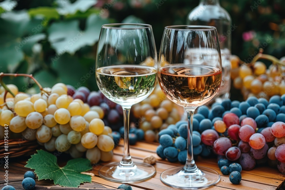 Two glasses of wine placed next to a bunch of grapes