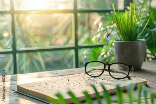 Diary with glasses on a table near the window in the office, schedule and day planning