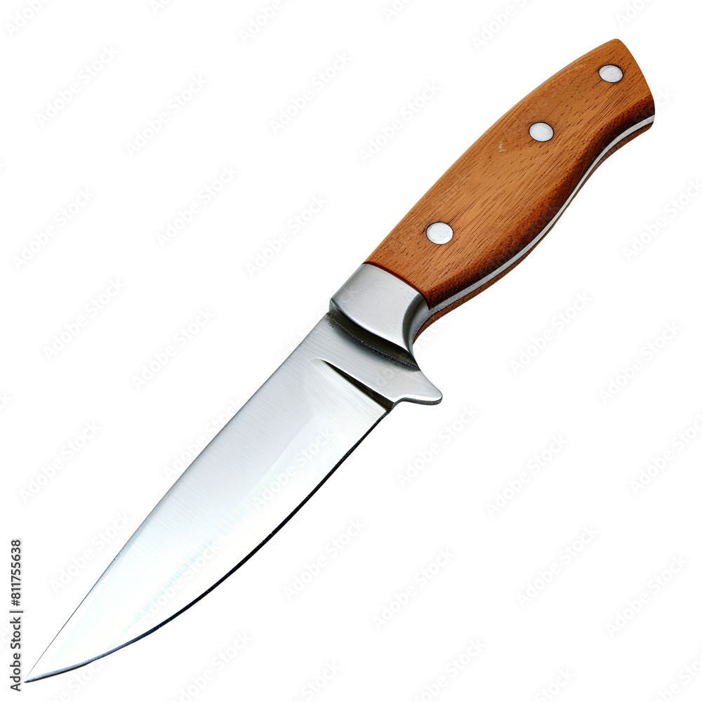 Sharp Fixed-Blade Hunting Knife with Wooden Handle Isolated on White Background, isolated, transparent background, white background, no background Sharp Fixed-Blade Hunting Knife with Wooden Handle Isolated on White Background, isolated, transparent background, white background, no background