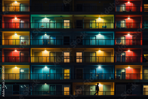 View of a building with windows in different colors at night, a pattern of balconies and lanterns photo