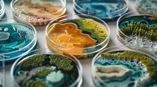 A collection of colorful petri dish art  displaying intricate patterns and textures in various shades of blue  green  and yellow  arranged neatly on a surface.