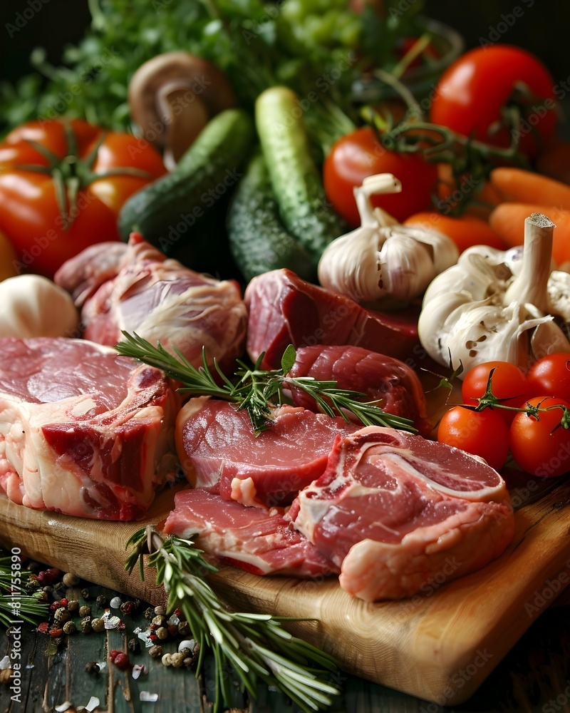 Assortment of Fresh Produce and Meats for Balanced Meal Assortment of Fresh Produce and Meats for Balanced Meal