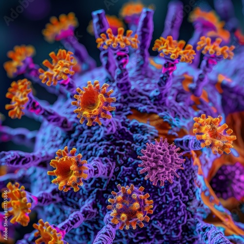 Highly detailed close-up of a virus structure with vividly colored surface proteins in pink and orange, set against a dark backdrop, symbolizing medical research. © Moopingz