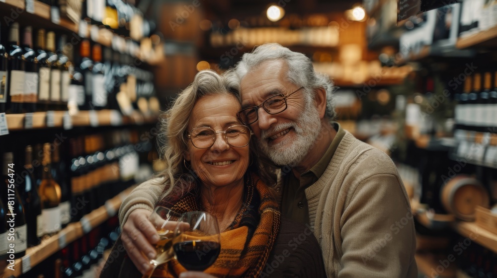 Affluent senior couple celebrating in wine store. Generative AI.