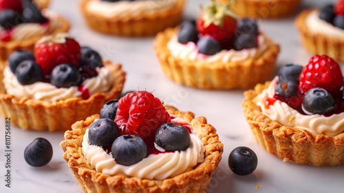 Tartlets topped with fresh berries, ideal for dessert menus and culinary publications.