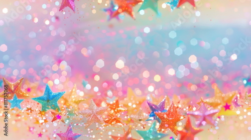 Seamless pattern. Colorful star confetti on a glittery background  perfect for festive decorations and joyful themes.