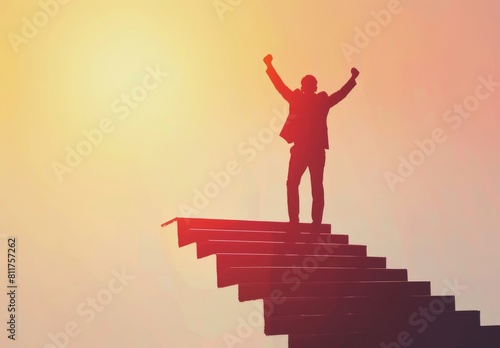 Businessman triumphs atop stairs, symbolizing leadership, success, and achievement under sunlight