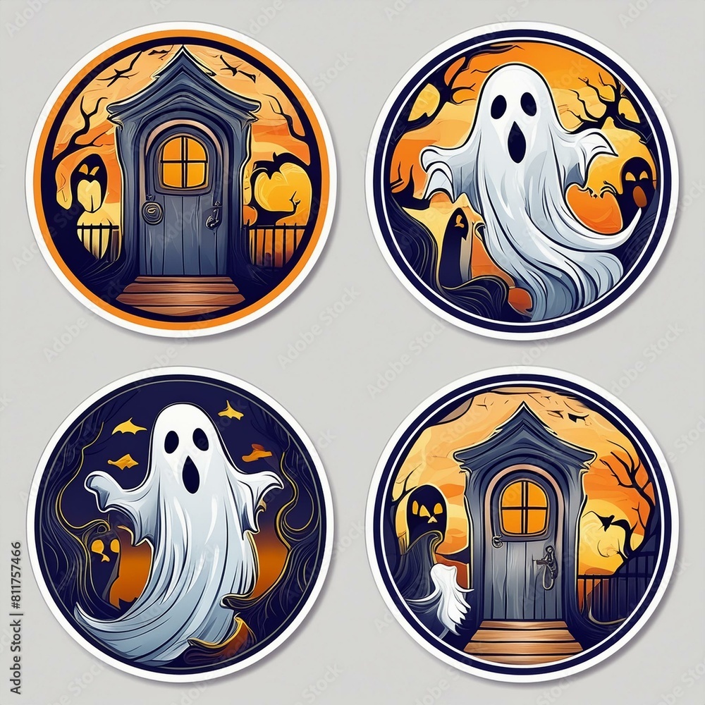 Circular Ghost Stickers showcasing illustrations of a ghostly gathering