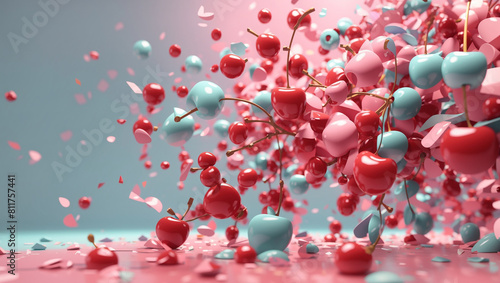 A bunch of red  blue  and pink bubblegum balls are falling in front of a blue background. 