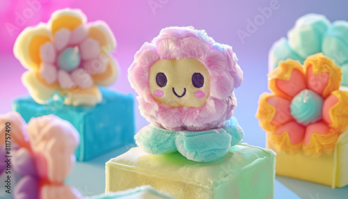 happy plush flower faces on pastel cubes for kids play area