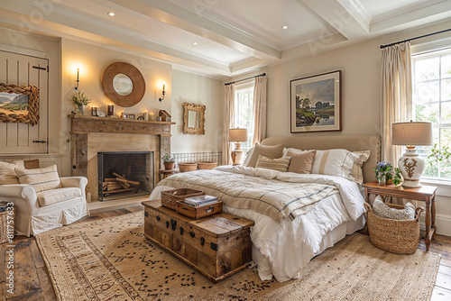 Master bedroom in French country style revisited in a modern style, with wooden floor and beams and a large traditional fireplace © Giordano Aita