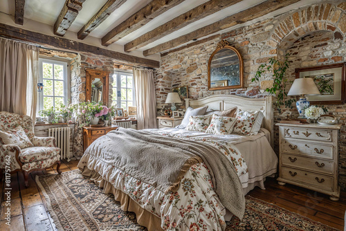 French country style master bedroom with wooden floor and beams and exposed brick walls © Giordano Aita